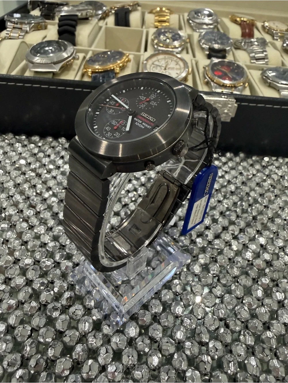 Seiko Black Dial Chronograph Watch with Red and White Accents